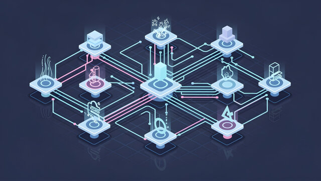futuristic digital network with neon blue and pink connections and glowing nodes