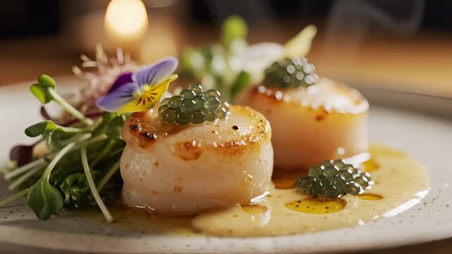 Gourmet PanSeared Scallops with Caviar and Microgreens.