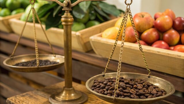 A vintage balance scale with coffee beans in one tray, surrounded by fresh fruits and vegetables in wooden crates at a market or grocery setting.