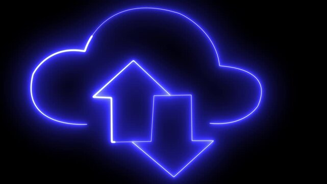 Neon digital cloud icon, data transfer animation Glowing neon cloud storage with arrows, looped animation. Cloud space technology, data backup, file repository, upload 