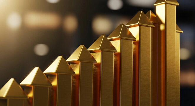Glistening gold arrows ascend in a dramatic diagonal graph, symbolizing upward financial growth and economic progress against a bokeh background with warm light.