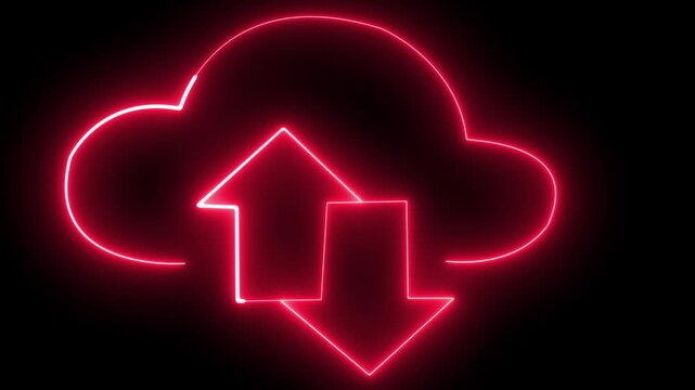 Neon digital cloud icon, data transfer animation Glowing neon cloud storage with arrows, looped animation. Cloud space technology, data backup, file repository, upload 