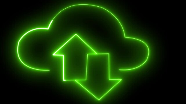 Neon digital cloud icon, data transfer animation Glowing neon cloud storage with arrows, looped animation. Cloud space technology, data backup, file repository, upload 