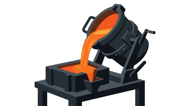 A dark gray industrial ladle pours glowing molten orange liquid metal into a square mold fixed on a metal workbench inside a metalworking foundry facility environment.