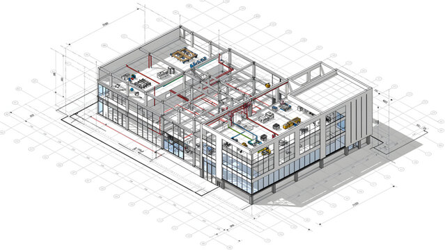 3d architectural building model white grid lines structural design blueprint