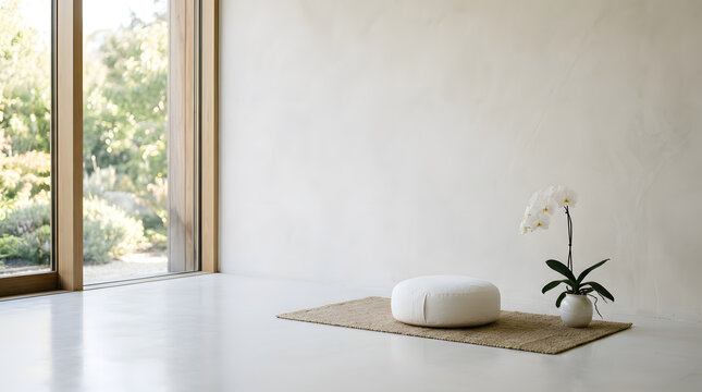 Minimalist Meditation Corner with White Zafu Cushion on Jute Mat, White Orchid and Large Window with Garden View, Zen Japandi Interior