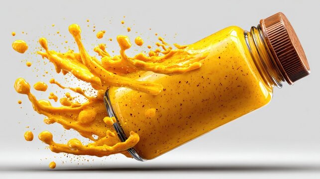 Yellow mustard bottle flying mid air with dynamic liquid splash and spray effect against a clean minimalist grey background for culinary advertising and packaging