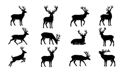 Fototapeta premium Deer Silhouette Vector Set Wildlife Nature Illustration Collection