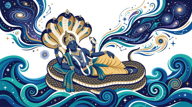 Vishnu reclining on Shesha surrounded by cosmic nebula and stylized ocean waves.