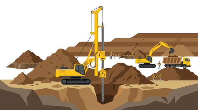 Heavy construction machinery like excavators and a drilling rig actively working at a deep excavation site with construction workers supervising.