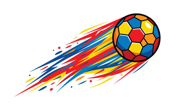 A classic black and white soccer ball is depicted with fiery trails of red, blue, and yellow, symbolizing speed and dynamism in a horizontal format.