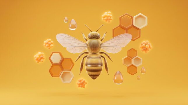 3D rendered honey bee with honeycomb structures and honey drops on yellow background