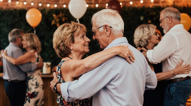 Elderly couples dance at party celebration. Seniors smile, embrace, enjoying music, festivity. Happy old people share connection, joy, active lifestyle.