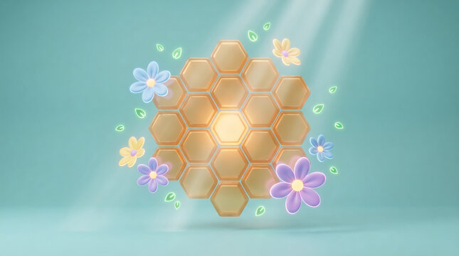 Glowing 3D honeycomb structure surrounded by pastel flowers and leaves