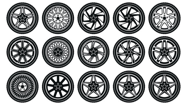 Fifteen different black alloy vehicle wheel designs are arranged in a five-by-three grid pattern on a plain white background showcasing various rim spoke styles.