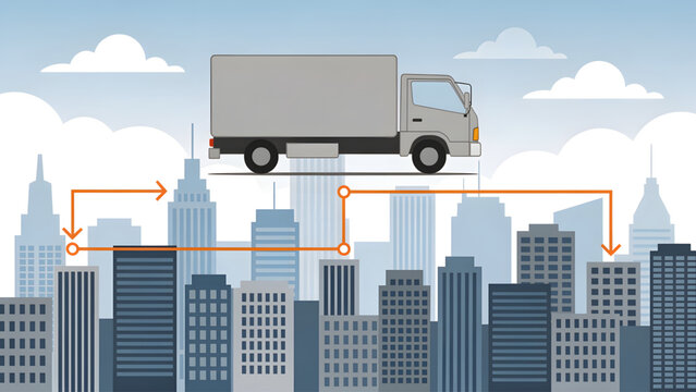 gray delivery truck over city skyline with blue buildings and logistics arrows