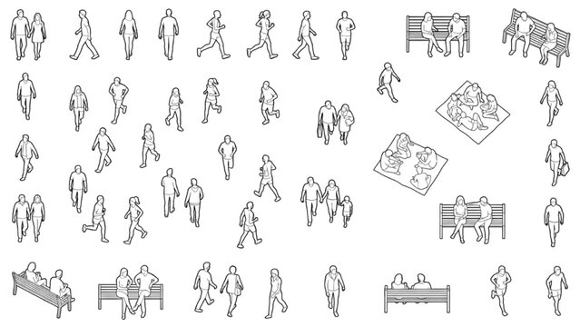 Human Top View Collection with Walking Figures Benches and Public Activity Elements