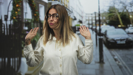 Fototapeta premium Woman in white button shirt and large glasses raises both palms in a shrug gesture on a residential street lined with parked cars and iron railings; uncertainty.