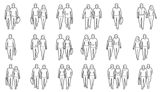 Human Top View Figure Collection with Walking Couples and Group Silhouette Elements