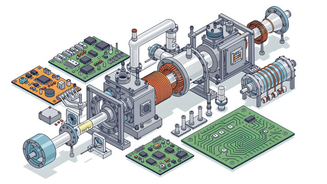 detailed electronic manufacturing process with circuit boards wires machines and components in blue gray and green