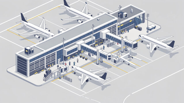 isometric airport terminal with white airplanes and gates on gray tarmac layout