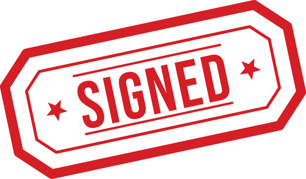 A bold red rectangular stamp featuring the word SIGNED surrounded by small stars, indicating agreement
