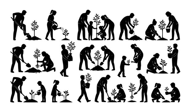 People planting trees silhouettes vector illustration environmental set
