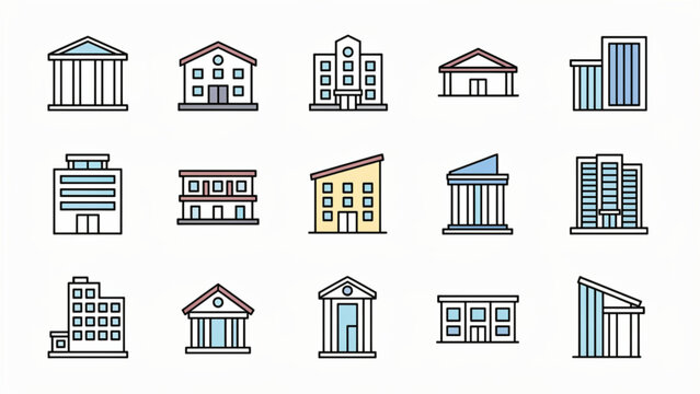 colorful minimalistic building icons set with various shapes and designs on white background