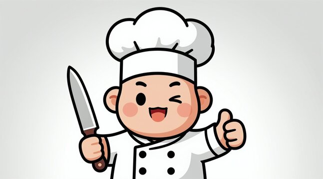 Cute cartoon chef character winks and gives thumbs up holding a knife. Happy young cook in uniform, excited about food prep. Cheerful toddler smiles, ready for kitchen fun.
