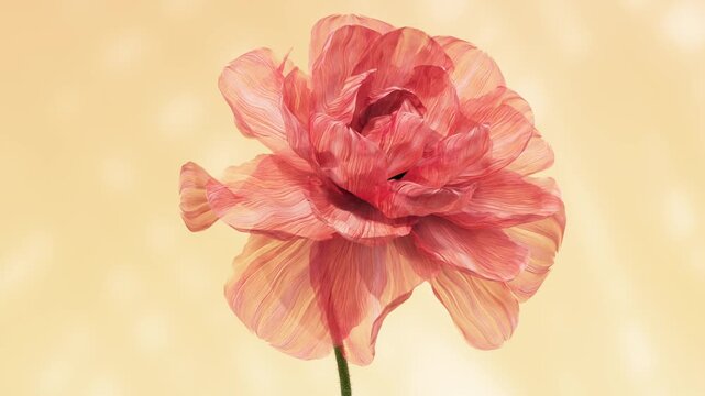 Coral peach flower swaying gently and scattering petals on golden yellow bokeh background, delicate ranunculus blooming with flying petals in wind, aesthetic warm floral motion footage for design