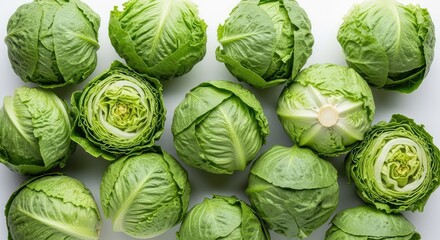 Fototapeta premium Overhead shot of fresh iceberg lettuces arranged closely on a white surface, showcasing the vibrant green color and crisp leafy texture, crisp, ingredients, pile