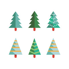 Obraz premium Six colorful christmas trees icon set with red bases Vector