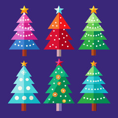 Obraz premium Colorful cartoon christmas trees with ornaments on dark blue background Vector