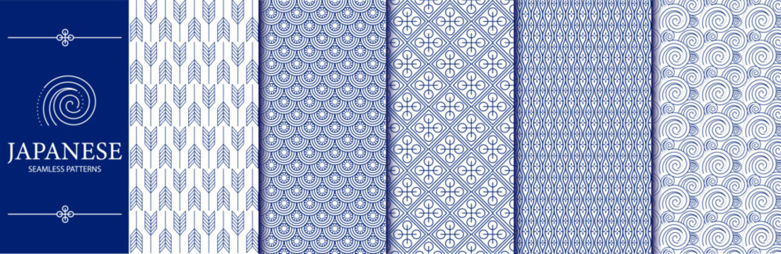 Set of seamless Japanese geometric patterns with traditional wave, arrow, rhombus motifs in editable blue and white