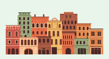 Colorful Flat Design Row of Buildings, Urban Street Scene, Retro Architecture Illustration © Cah