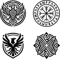 Fototapeta premium Collection of four distinct ancient nordic tribal emblems featuring eagle motifs and embellishing geometric patterns.