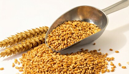 Fototapeta premium Metal scoop with wheat grains and stalks