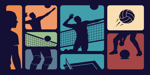 Volleyball themed graphic design with players and ball in action. © Riki