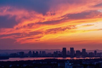 Fototapeta premium Vibrant sunset sky over a city skyline with a calm river. Orange, pink, and blue clouds paint the horizon above modern buildings and distant hills.