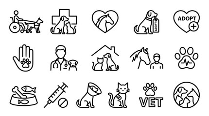Fototapeta premium Veterinary icons, pet care symbols, animal health signs, veterinary clinic illustrations