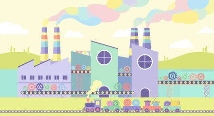 Naklejka premium Colorful Cartoon Factory with Train and Smoke Stacks, Industrial Production Concept