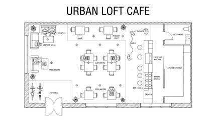 Urban Loft Cafe, Industrial Chic Floor Plan, Modern Coffee Shop Layout, Vector Blueprint Design © Zunair