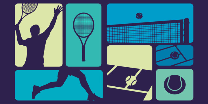 Tennis themed graphic design with player and equipment illustrations.