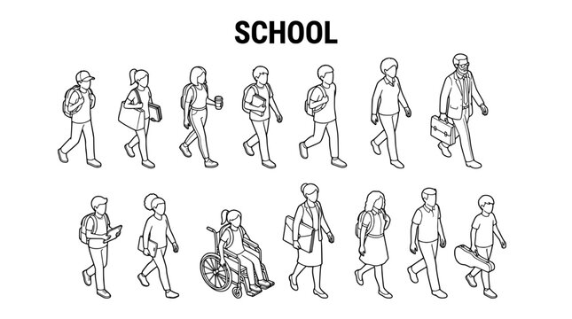 School, People, Students, Walking, Line Art, Icons, Educational, Illustrations, 16 Students