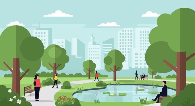 Urban park scene with people, pond, and cityscape background, flat design illustration.