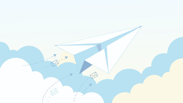 Large paper plane soaring through fluffy clouds with envelope icons and motion lines, symbolizing email delivery, digital communication, and cloud messaging in a clean flat vector art style.