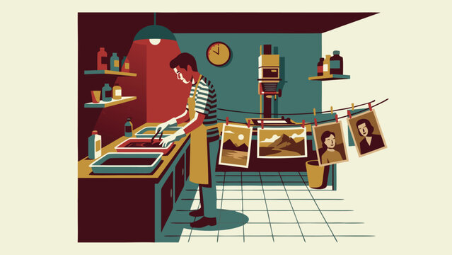 Flat Vector Illustration of a Photographer Developing Film Photos in a Traditional Darkroom with Chemical Trays, an Enlarger, and Pictures Hanging to Dry under a Red Safelight Lamp.