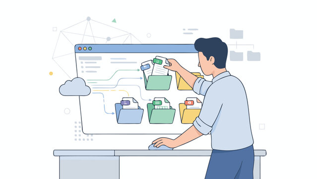 Flat Vector Illustration of a Person Organizing Digital Files and Documents into Folders on a Large Screen, Representing Data Management, Information Architecture, and Efficient Workflow Concept.