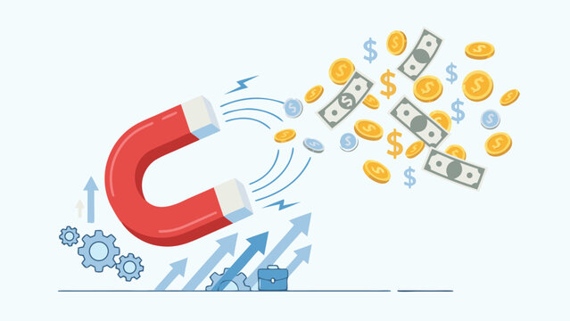 Vector Illustration of a Large Magnet Attracting Money, Coins, and Cash. Business Concept for Wealth Attraction, Financial Success, Marketing ROI, Profit Growth, and Investment Opportunities.