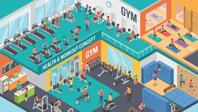 Isometric gym interior with people exercising on fitness equipment, treadmills, and weights. Includes a yoga studio, climbing wall, locker room, and juice bar for health and workout concept.